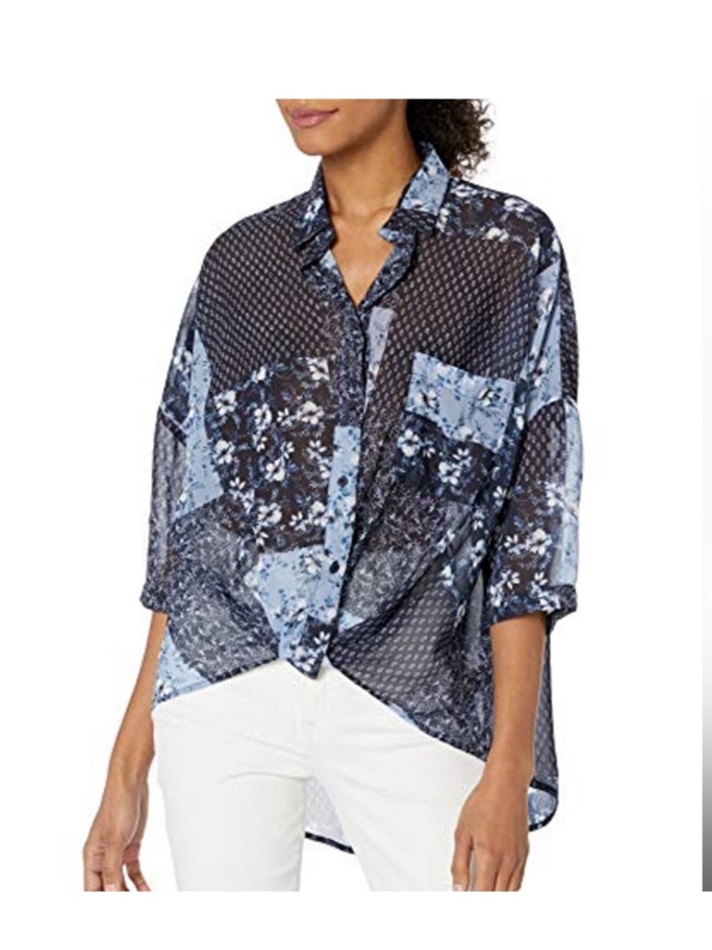 French Connection Blue Floral Oversized Shirt XS Lightweight Button Down